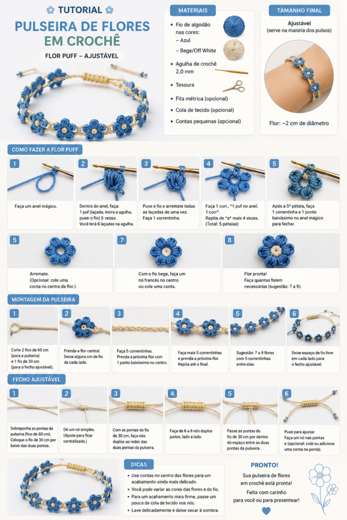 Crochet Flower Bracelet (Pulseira de Flores em Crochê): Puff Flower – Adjustable