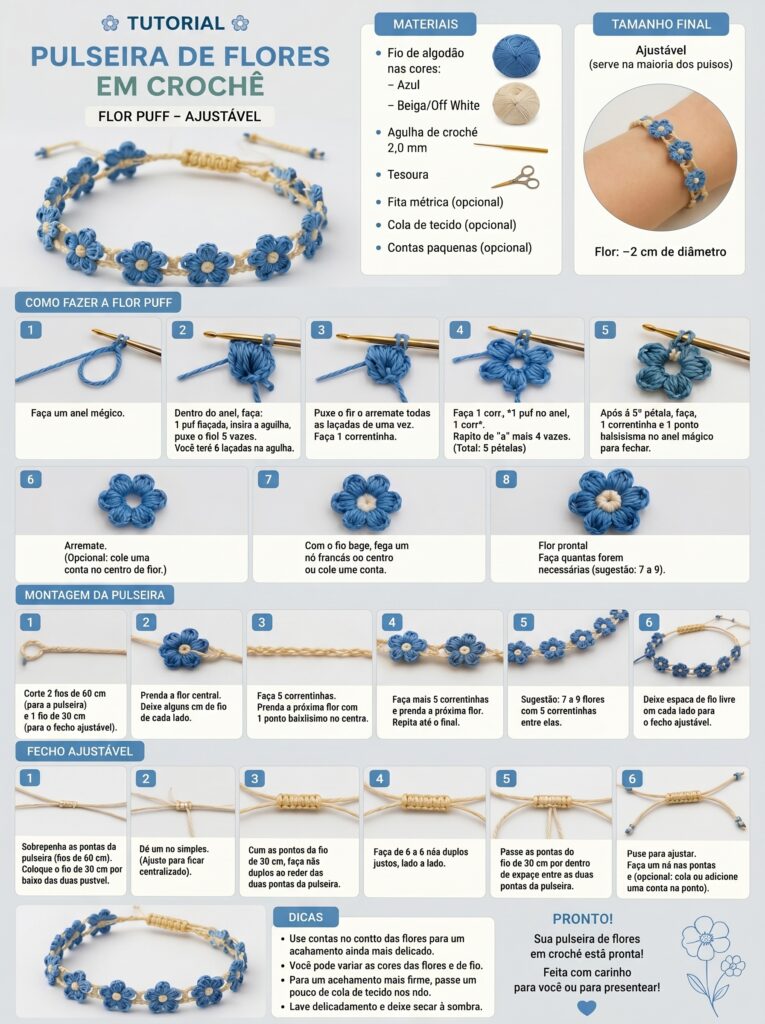 How to Crochet a Gorgeous Puff Flower Bracelet (Adjustable & Free Pattern)