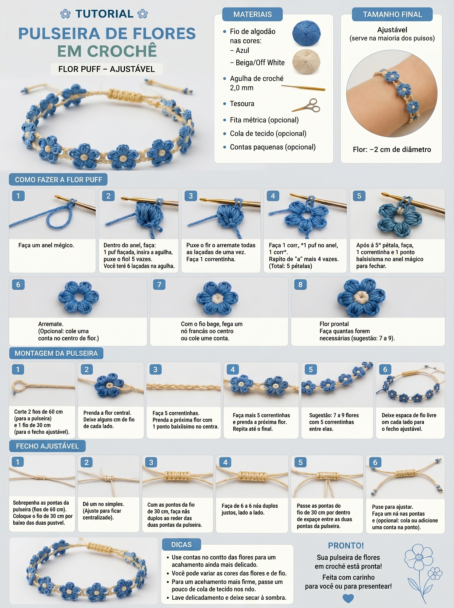 How to Crochet a Gorgeous Puff Flower Bracelet (Adjustable & Free Pattern)