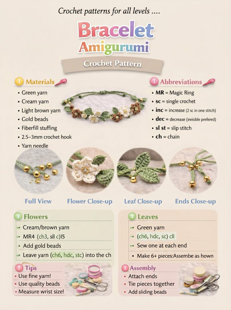 Crochet a Stunning Amigurumi Floral Bracelet: Free Pattern with Leaves & Beads