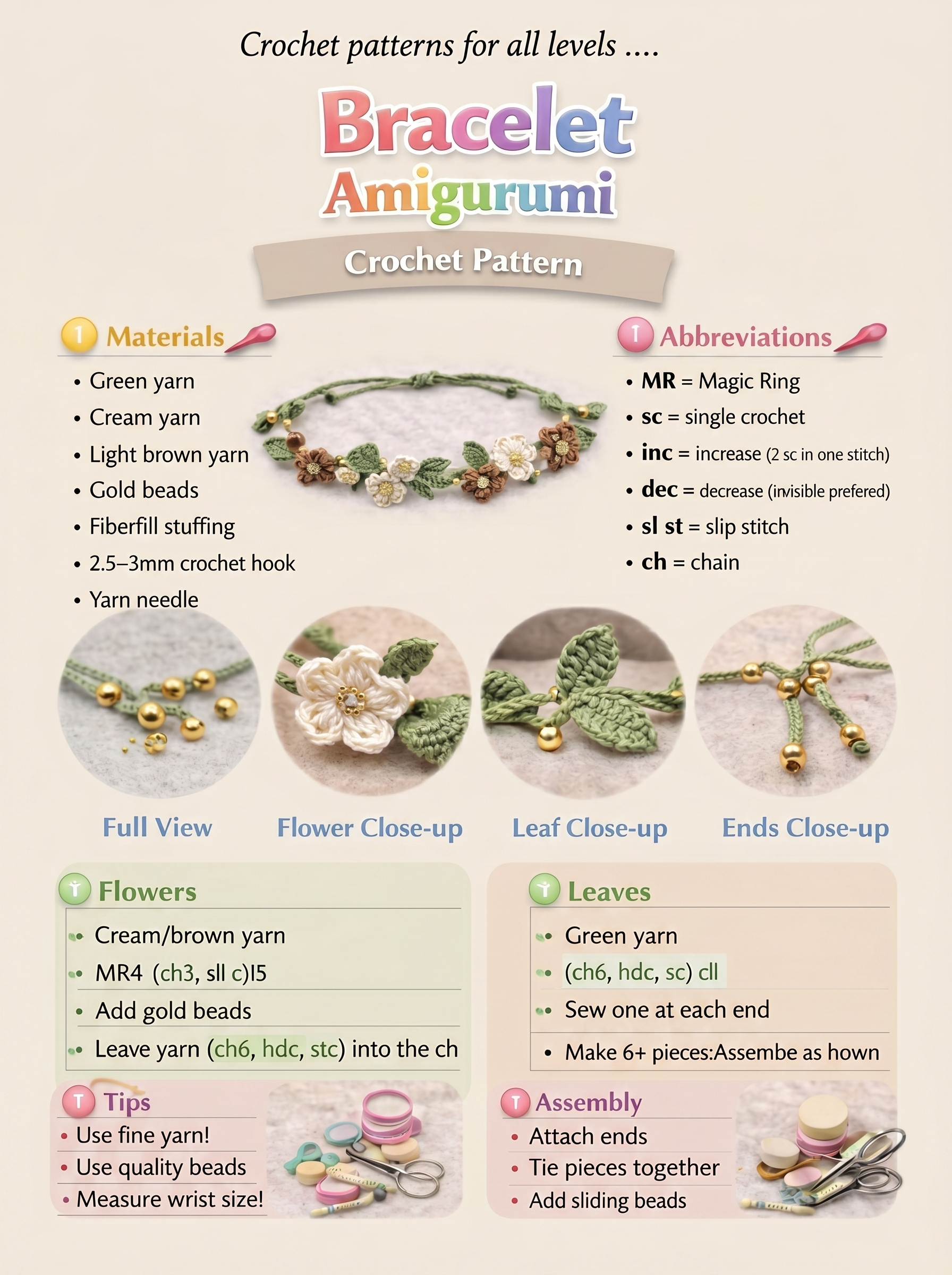 Crochet a Stunning Amigurumi Floral Bracelet: Free Pattern with Leaves & Beads