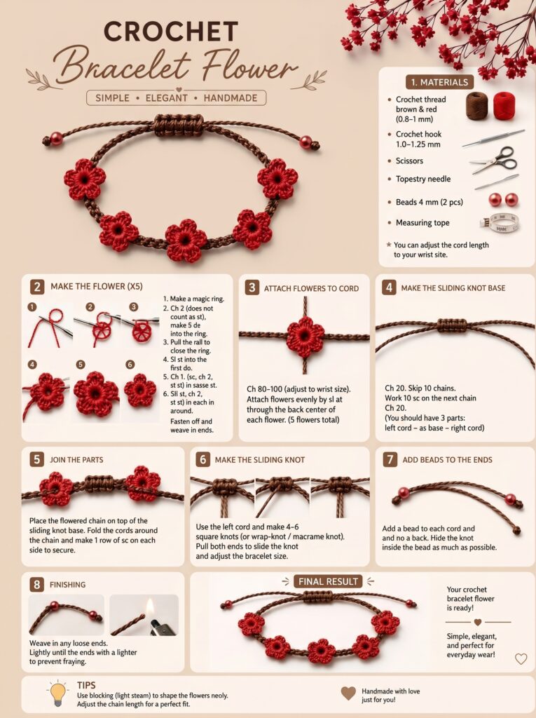 Easy Crochet Flower Bracelet: Free Step-by-Step Pattern with Sliding Knot