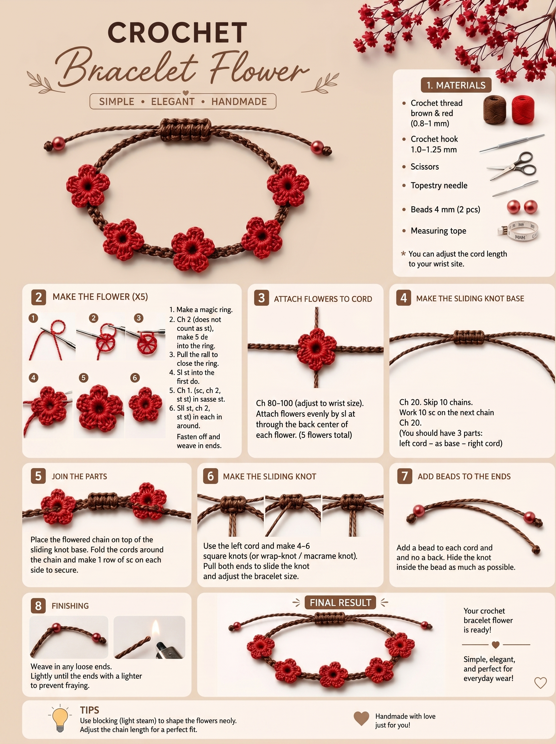Easy Crochet Flower Bracelet: Free Step-by-Step Pattern with Sliding Knot